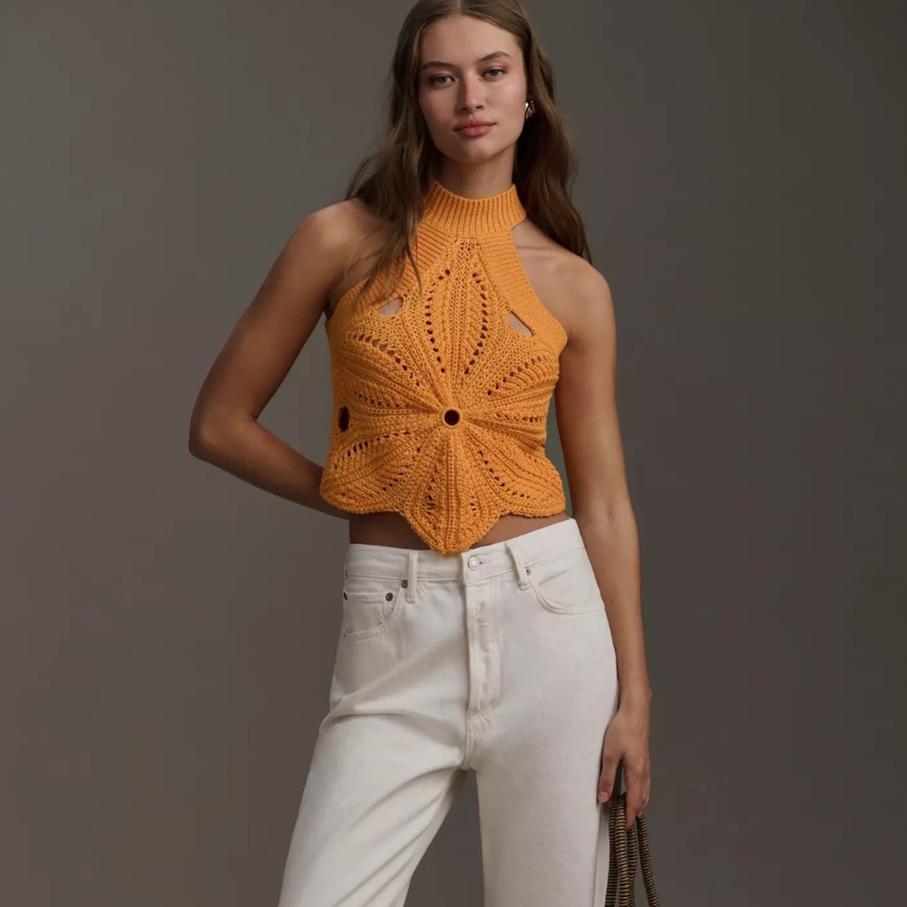 By Anthropologie Halter Flower Sweater Tank